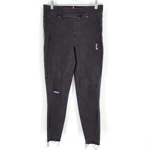 Spanx Skinny Jeans L Black Distressed Raw Hem Cotton Stretch Ankle Denim 20213R
